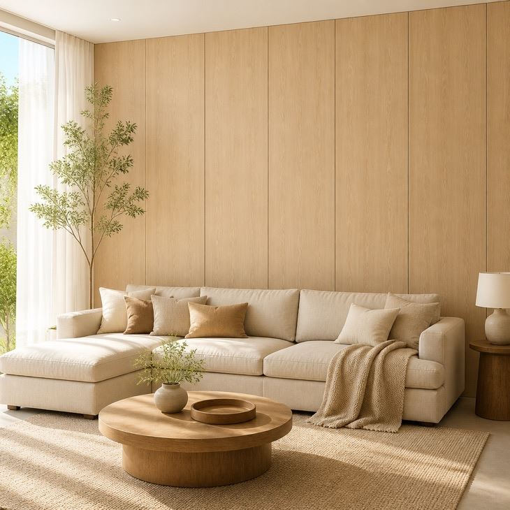 PVC wall cladding interior living room feature wall warm oak